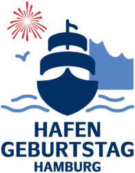 Logo des Hafengeburtstags mit einem Schiff auf der Elbe und der Elbphilharmonie im Hintergrund