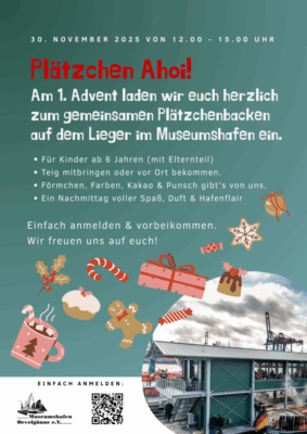 Plakat zur Einladung zum Plätzchenbacken am 30. November auf dem Lieger
